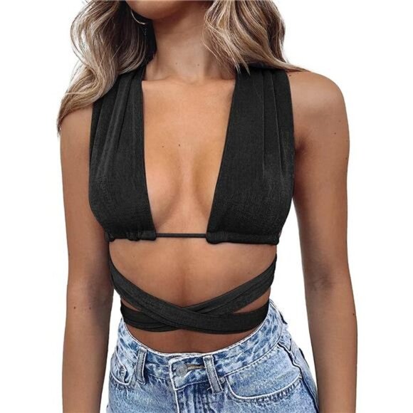 Black Multi Way Wrap Halter Crop Top Backless Sexy‎ Cutout Bandage Y2K Top - Picture 2 of 5